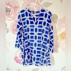 ⛓️‍💥Roberta Roller Rabbit Cotton Amanda Kurta Tunic Top Blue/White Chainlink
